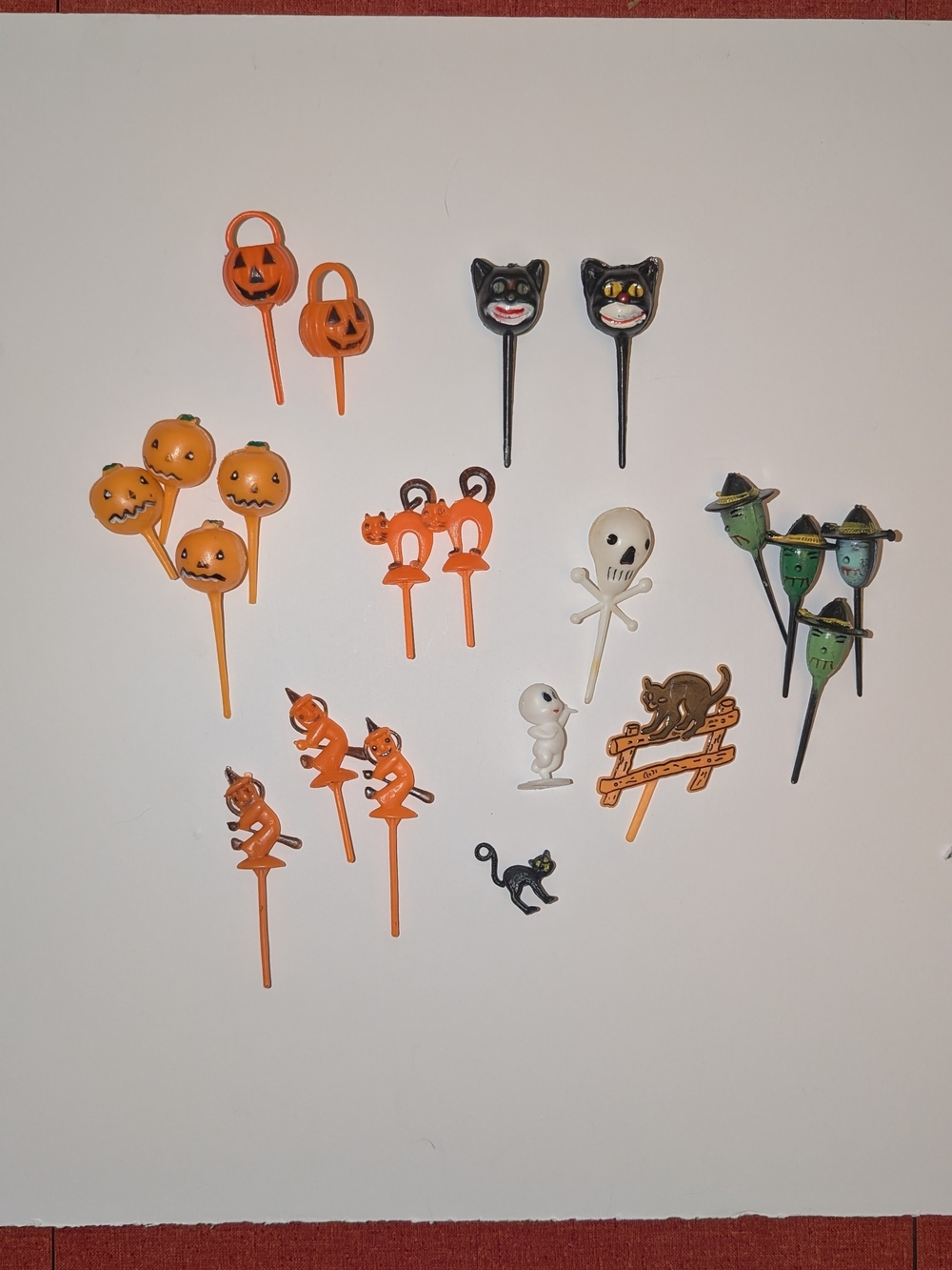 Vintage Plastic Hong Kong Halloween Cupcake Picks Toppers Cat Witch Skeleton